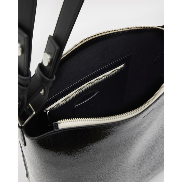 AllSaints Leather Convertible Crossbody Bag NWT Black Shine - Picture 2 of 7